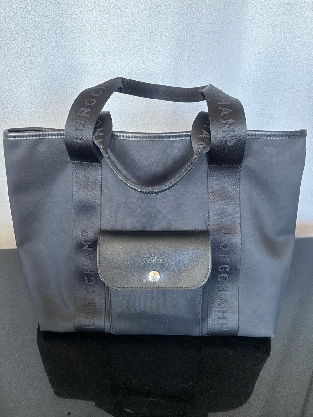 LONGCHAMP Limited Edition Large Le Pliage Néo Tote in wide jacquard logo straps